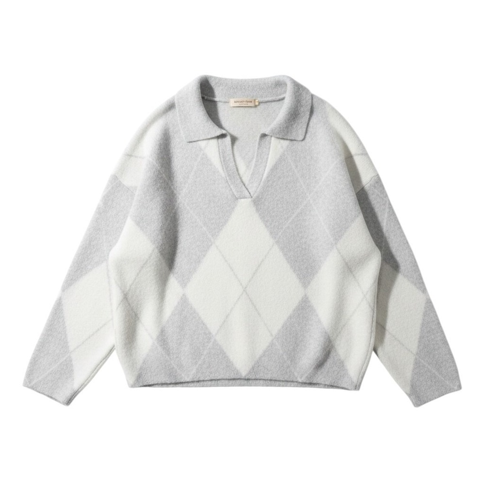A New Day Womens Grey Cream Argyle Polo Collar V-Neck Sweater 1X NWT - Picture 4 of 10